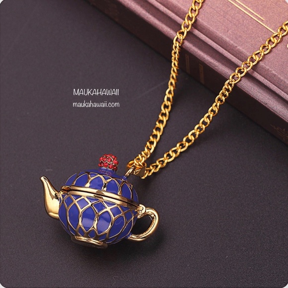 Enamel Blue Teapot Secret Compartment Poison Pill Necklace w 18 in Chain New! - Picture 5 of 14
